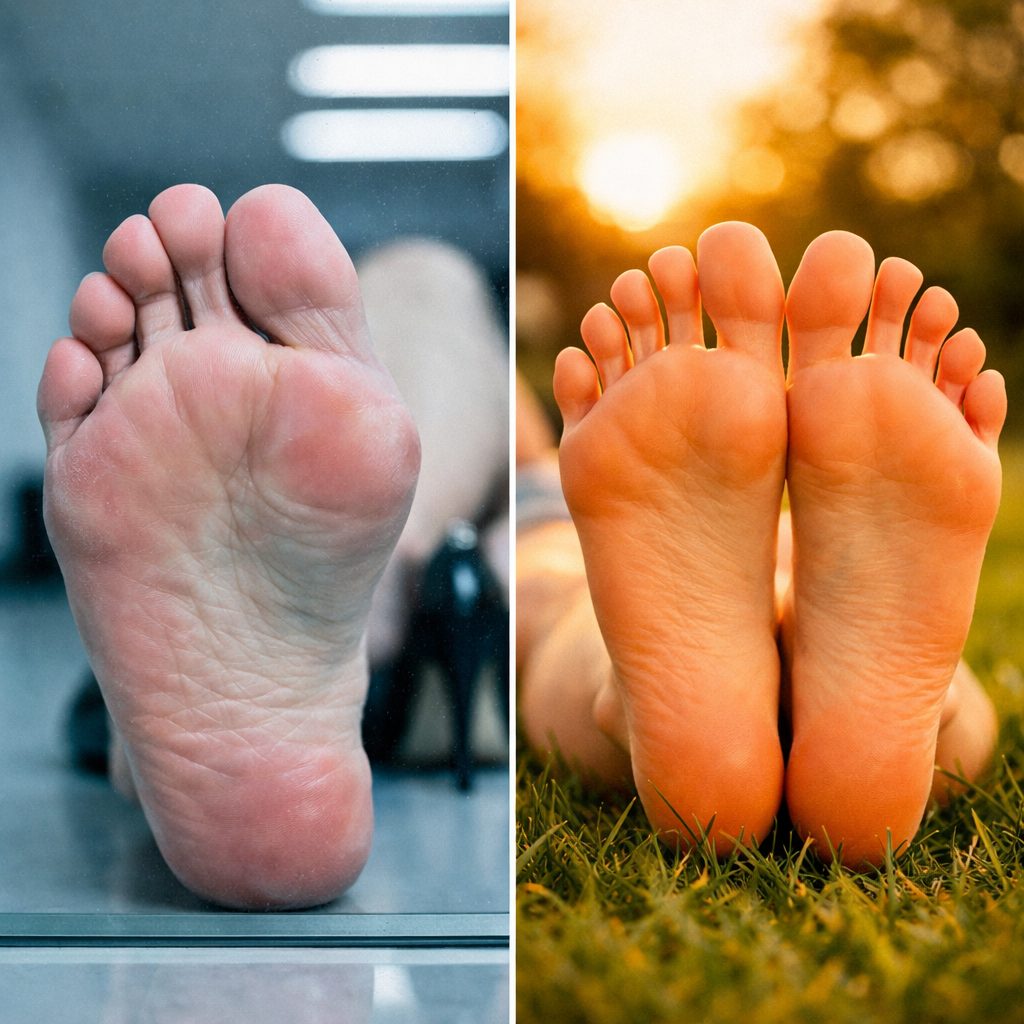 The contrast between confined feet and free feet — proprioceptive age matters