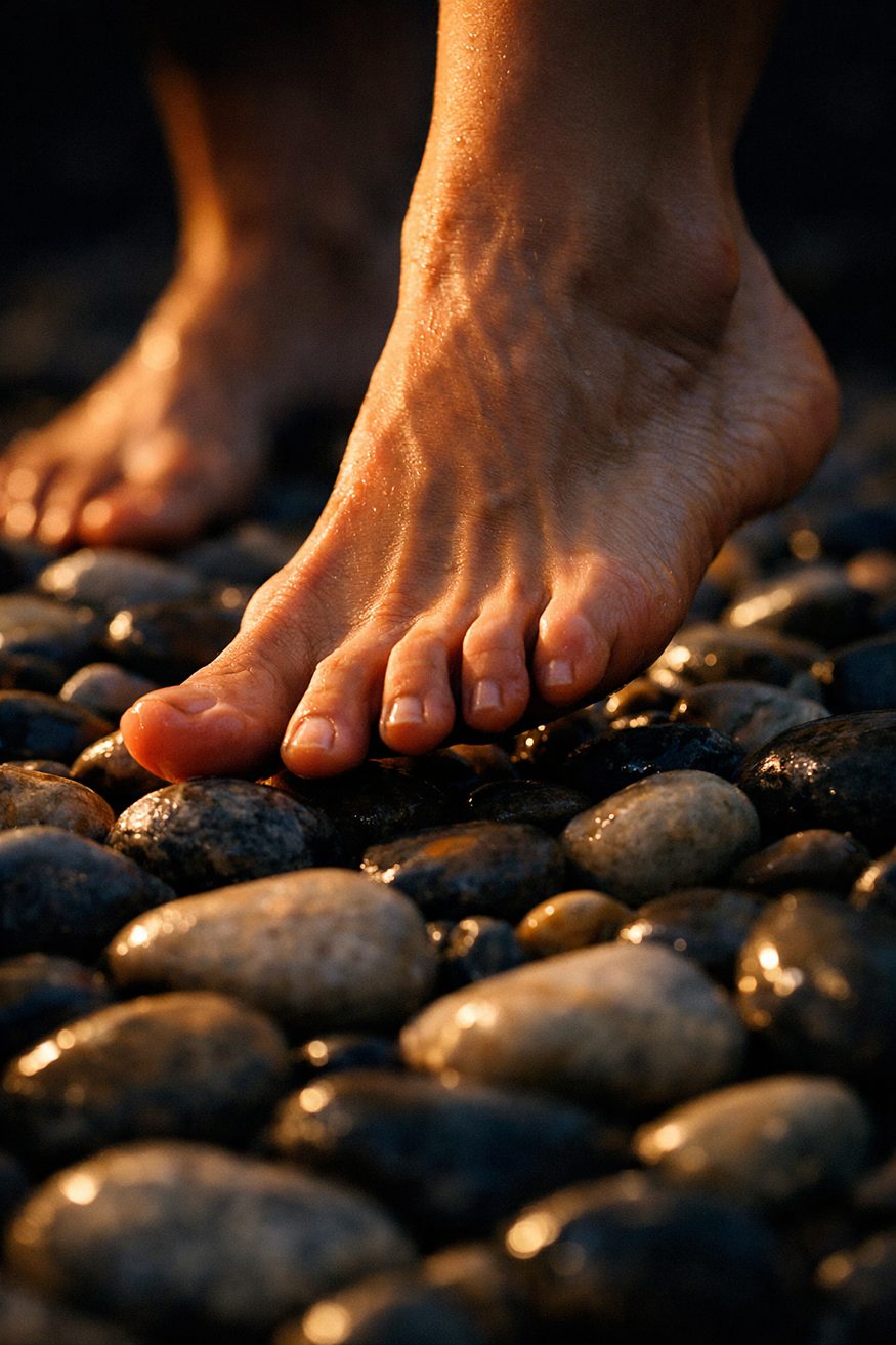 Bare foot on river pebbles — feel everything